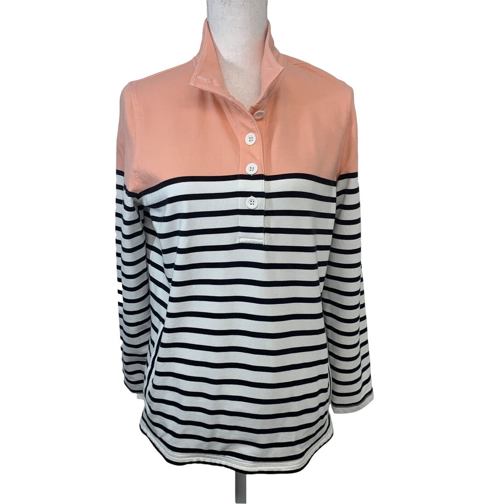Talbots Long Sleeve Top‎ Sweatshirt Woman Medium Orange  Stripe Pockets Stretch
